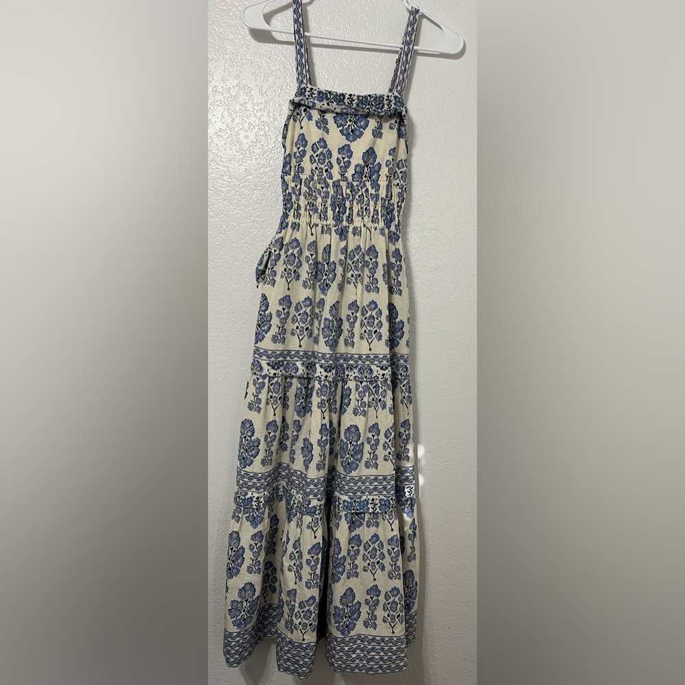 Omika Handmade India Blue Floral Cotton Linen Boho Midi Dress Cottagecore Resort